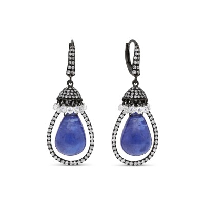 Boucles d'Oreilles "Rosée du Jour" Tanzanites, Or noirci, Diamants