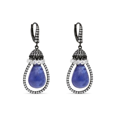 Boucles d'Oreilles "Rosée du Jour" Tanzanites, Or noirci, Diamants