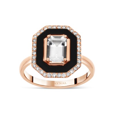 Bague Art Deco Eternelle or rose, Laque, Diamant, Topaze
