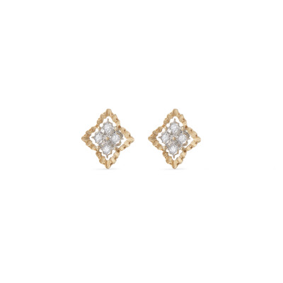 Boucles d'Oreilles Rombi or jaune et blanc avec diamants.