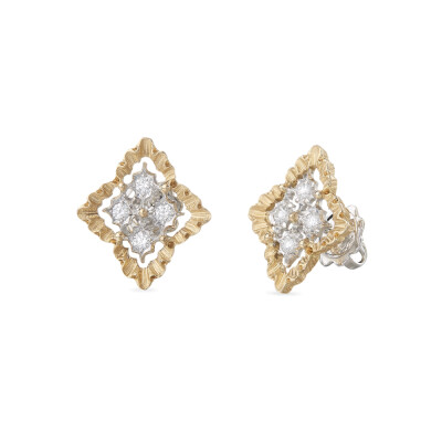 Boucles d'Oreilles Rombi or jaune et blanc avec diamants.