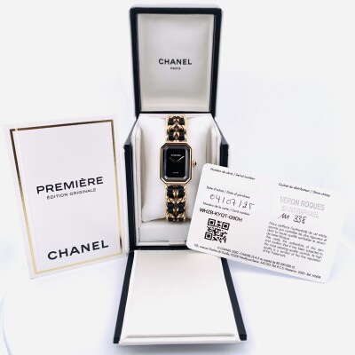 Chanel PREMIÈRE ÉDITION ORIGINALE– Or Jaune – Cadran Noir – Bracelet Chaîne & Cuir Noir