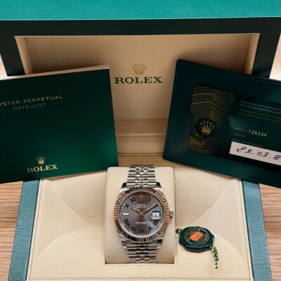 Rolex Datejust 41 – Ref. 126334 – Steel & White Gold – Slate Dial Green Roman Numerals – Fluted Bezel – Full Set 2024