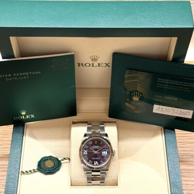 Rolex Datejust 36 – Réf. 126234 – Acier & Or Blanc – Cadran Aubergine – Lunette Cannelée – Full Set 2023