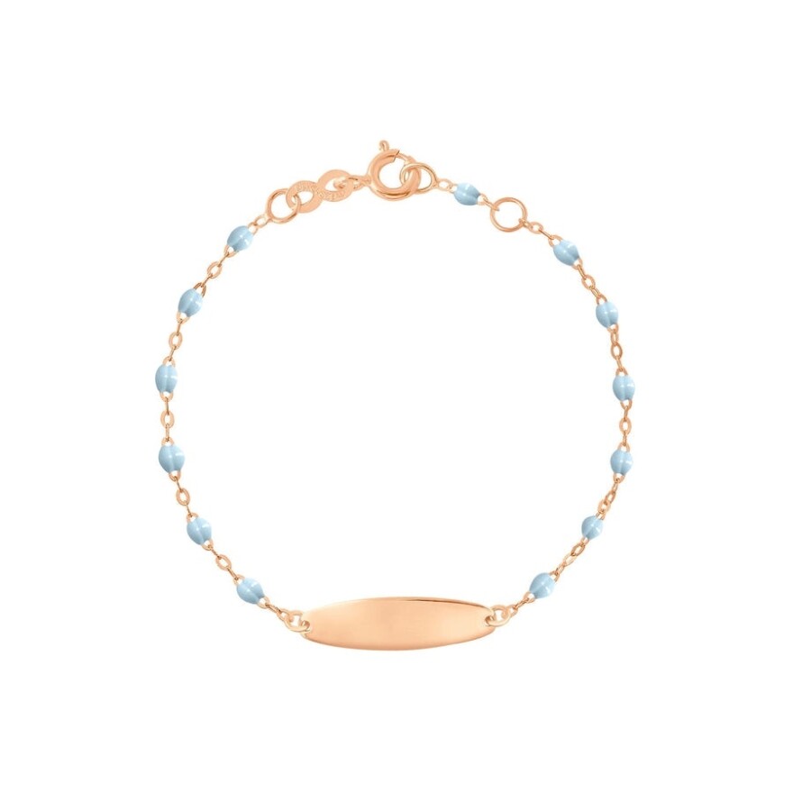 Bracelet bleu layette Little Gigi, plaque ovale, or rose, 15 cm