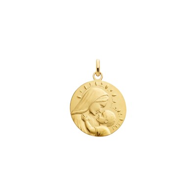 Médaille Arthus Bertrand Vierge à l'enfant perlée en or jaune sablée, 18mm