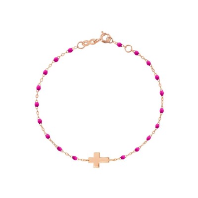Bracelet Gigi Clozeau Croix en or rose et résine rose bonbon, 17cm