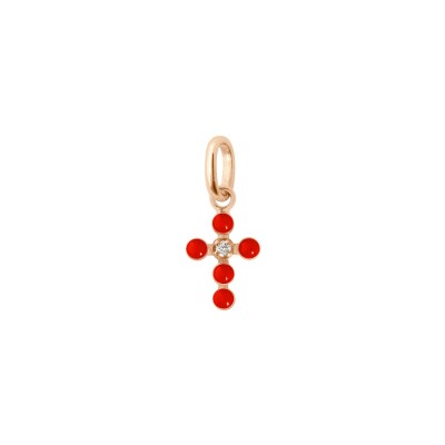 Pendentif Gigi Clozeau Croix Perlée en or rose, résine corail et diamant