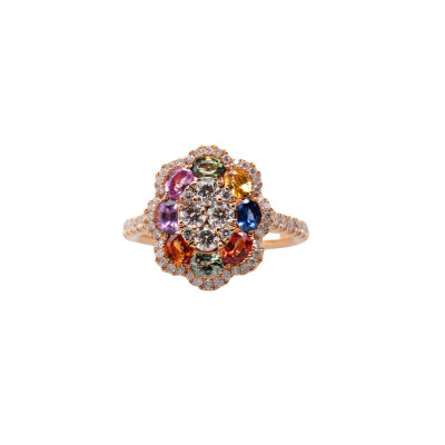 Bague Rainbow en or rose, saphirs multicolores et diamants