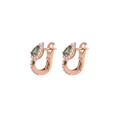 Boucles d'oreilles Héritage, petit modèle, en or rose, Saphir Vert taille poire et diamants