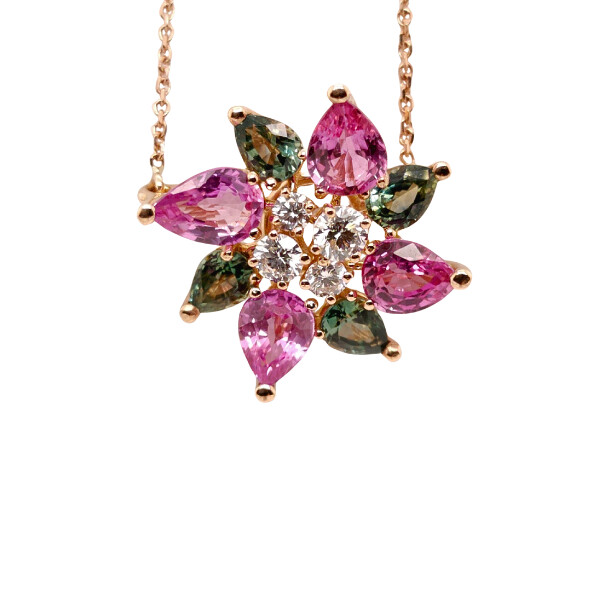 Collier Triphillee en or rose, saphirs verts et roses et diamants