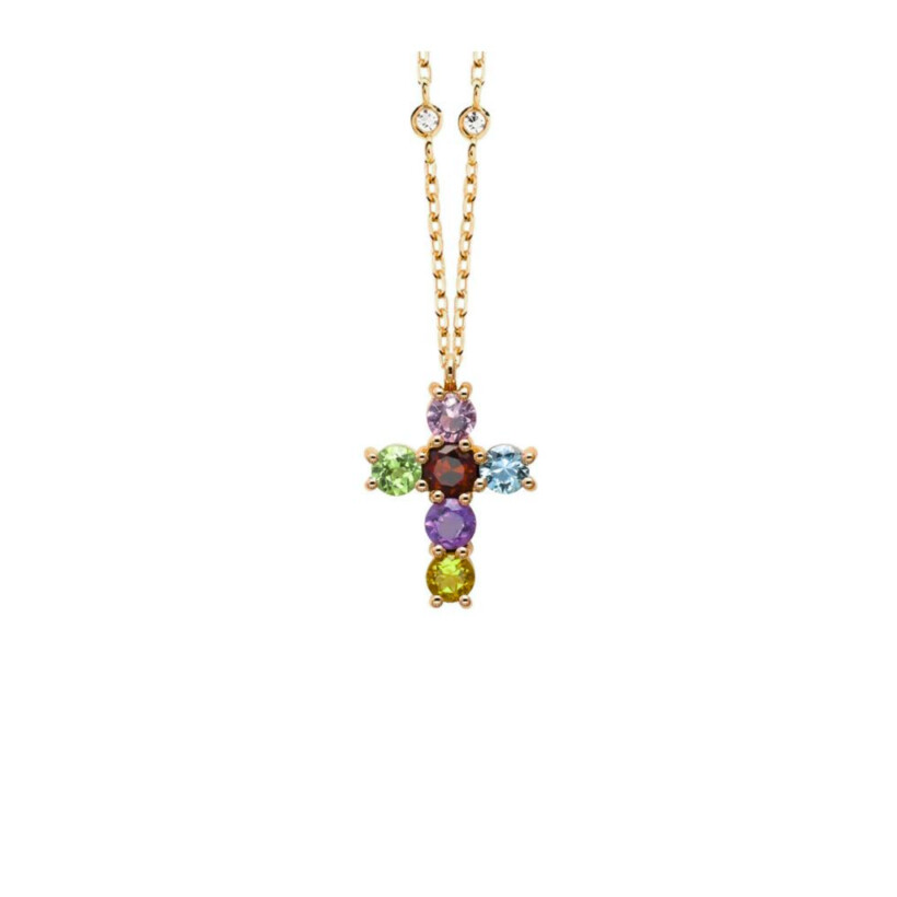 Collier Croix en or jaune et pierres fines