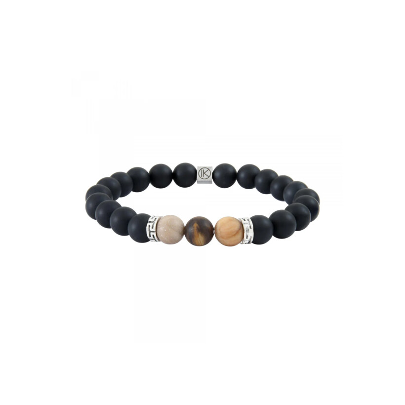 Bracelet IKOBA en Agate noire et Bois fossilisé 8mm