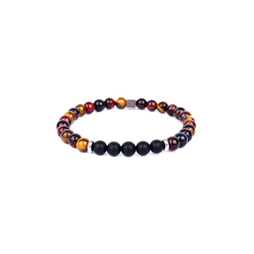 Bracelet IKOBA en Oeil de tigre, taureau, faucon et Agate noire 6mm