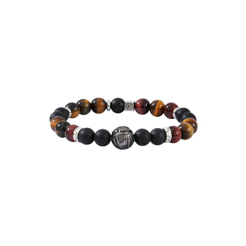 Bracelet IKOBA en Oeil de tigre, faucon, taureau, Agate noire et Perle de tahiti gravée 8mm