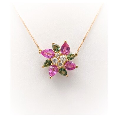 Collier Triphillee en or rose, saphirs verts et roses et diamants