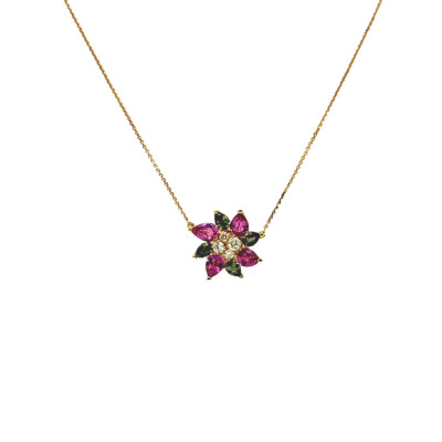 Collier Triphillee en or rose, Saphirs verts et roses et diamants
