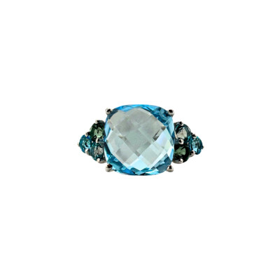 Bague volume en or blanc, Topaze bleue, forest et paraiba