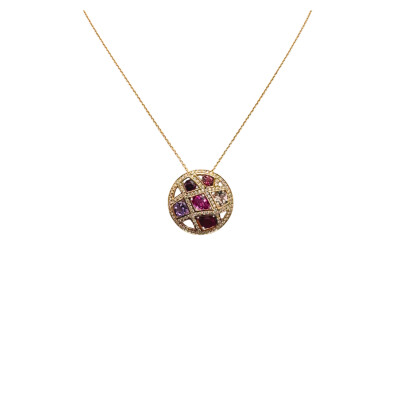 Collier Nid de pierres en or jaune, diamants et pierres roses
