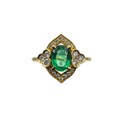 Bague Art Deco en or jaune, Emeraude et diamants