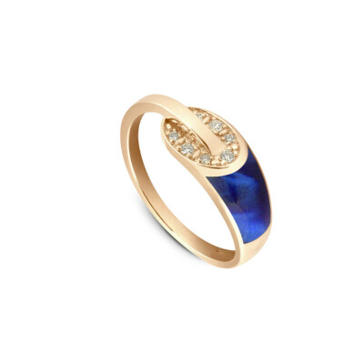 Bague Clozeau Lien en or jaune, résine bleu de prusse et diamants