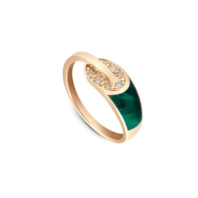 Bague Clozeau Lien en or rose, résine vert bronze et diamants