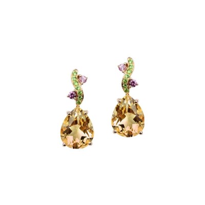 Boucles d'oreilles Isabelle Langlois en or jaune, citrines, rhodolites et topaze bleu London