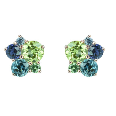 Boucles d'oreilles Isabelle Langlois en or rose, péridots, topazes blue London, cordiérites, tsavorites et saphirs