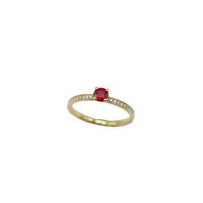 Solitaire Rubis pavé diamants sur or jaune 18 kt