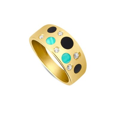 Bague Or jaune Résine bleu, turquoise et Diamants