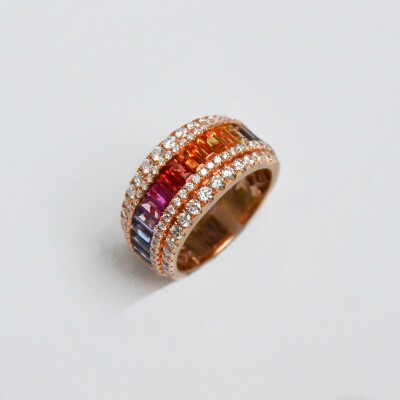 Bague Rullière Bernard "Arc en ciel" en or rose, diamants et multi saphirs