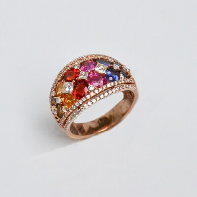 Bague Rullière Bernard "Rainbow Arlequin" en or rose, diamants et saphirs