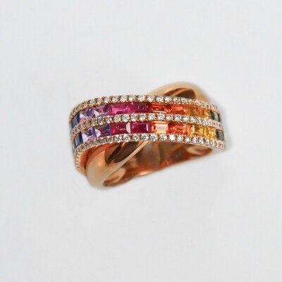 Bague Rullière Bernard "Rainbow Twist" en or rose, diamants et saphirs