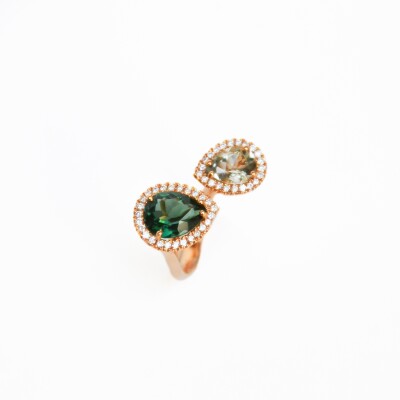 Bague Rullière Bernard en or rose, diamants et quartz verts