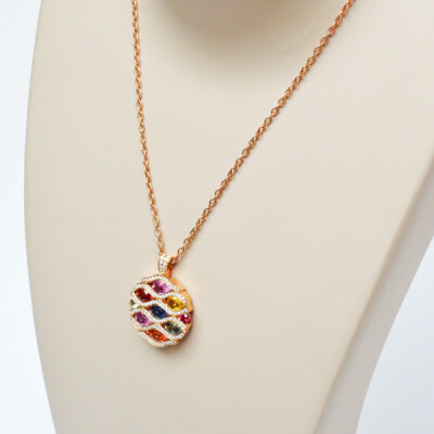 Collier Rullière Bernard "Arlequin" en or rose,  diamants et multi saphirs