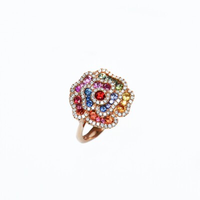 Bague Rullière Bernard "Fleur rainbow" en or rose, diamants et multi saphirs
