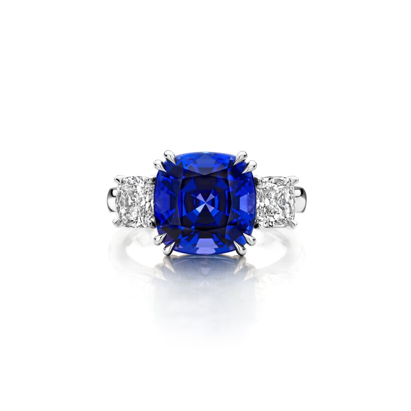 Three Stone Cushion Tanzanite and Diamonds Ring