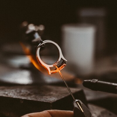 Three Stone Cushion Mandarin Garnet and Diamonds Ring