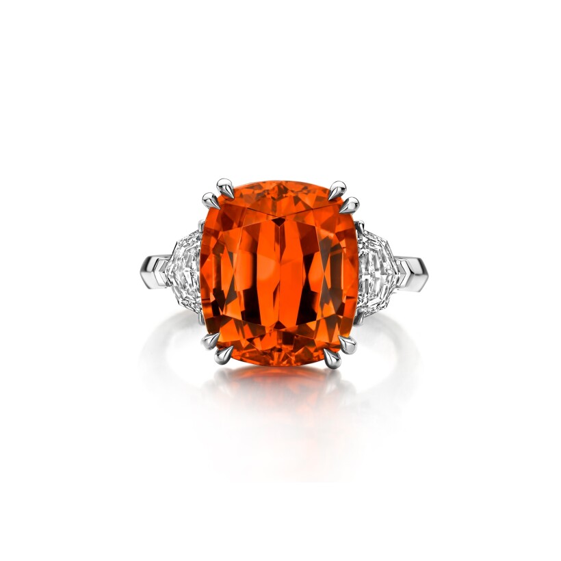 Three Stone Cushion Mandarin Garnet and Diamonds Ring