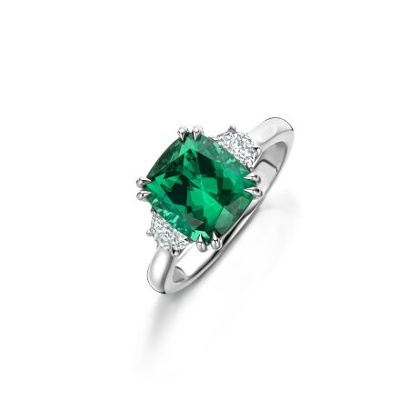 Three Stone Cushion Bluish Green Tourmaline and Diamonds Ring