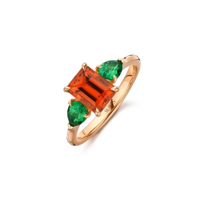 Three Stone Mandarine Garnet and Tsavorite Ring
