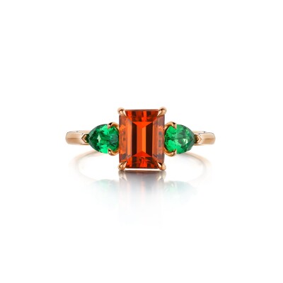 Three Stone Mandarine Garnet and Tsavorite Ring