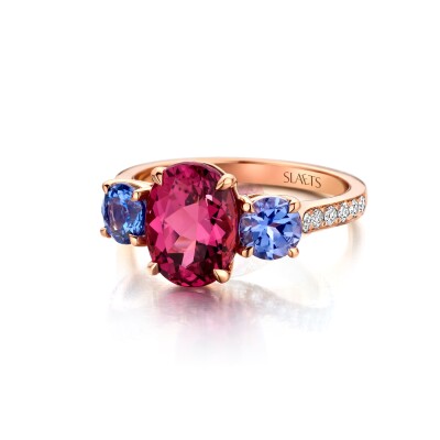 CANDY COLLECTION - THREE STONE RHODOLITE AND TANZANITE RING
