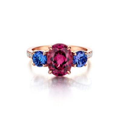 CANDY COLLECTION - THREE STONE RHODOLITE AND TANZANITE RING