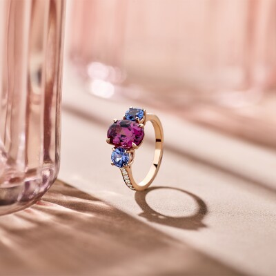 CANDY COLLECTION - THREE STONE RHODOLITE AND TANZANITE RING