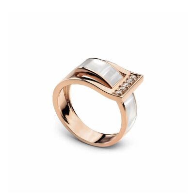 Bague Clozeau DÉFERLANTE en or rose, résine blanc nacré et diamants