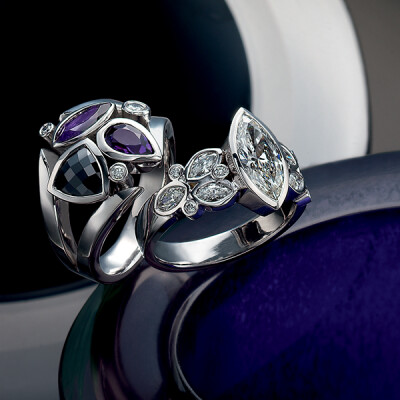 Onyx, Amethyst and Diamond rings