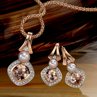 Morganite, Diamond and Pearl jewellery set