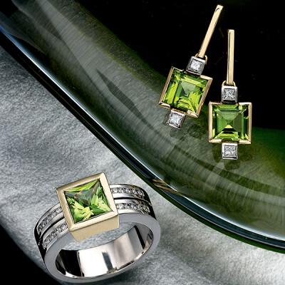 Peridot and Diamond ring and earrings set