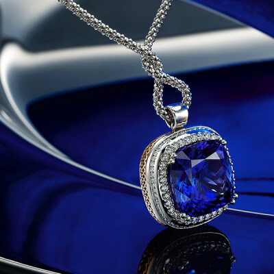 Cushion cut Tanzanite and Diamond pendant